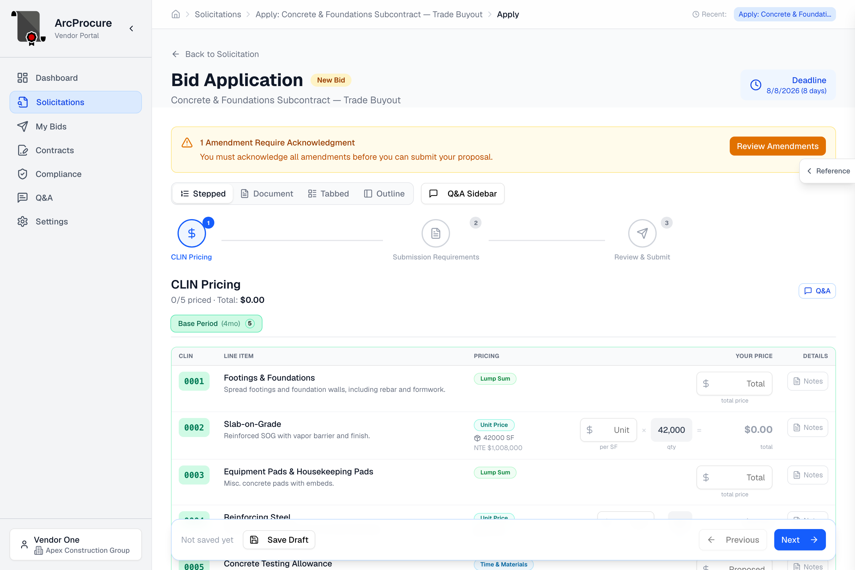 A vendor completing a structured bid application in ArcProcure: defined contract line items, typed pricing fields, and required responses across a stepped form