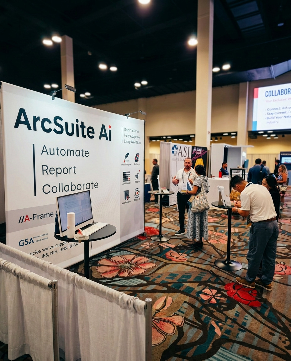 A-Frame Solutions team engaging attendees at the ArcSuite AI booth during NCMA World Congress 2026 in Orlando