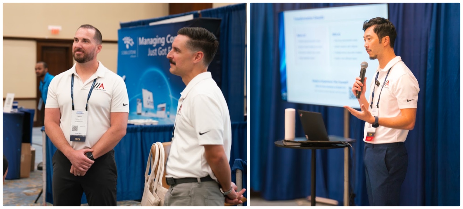 The A-Frame Solutions team at NCMA World Congress 2026 — founders at Booth 327 and CEO David Zhang presenting on the SP4 panel