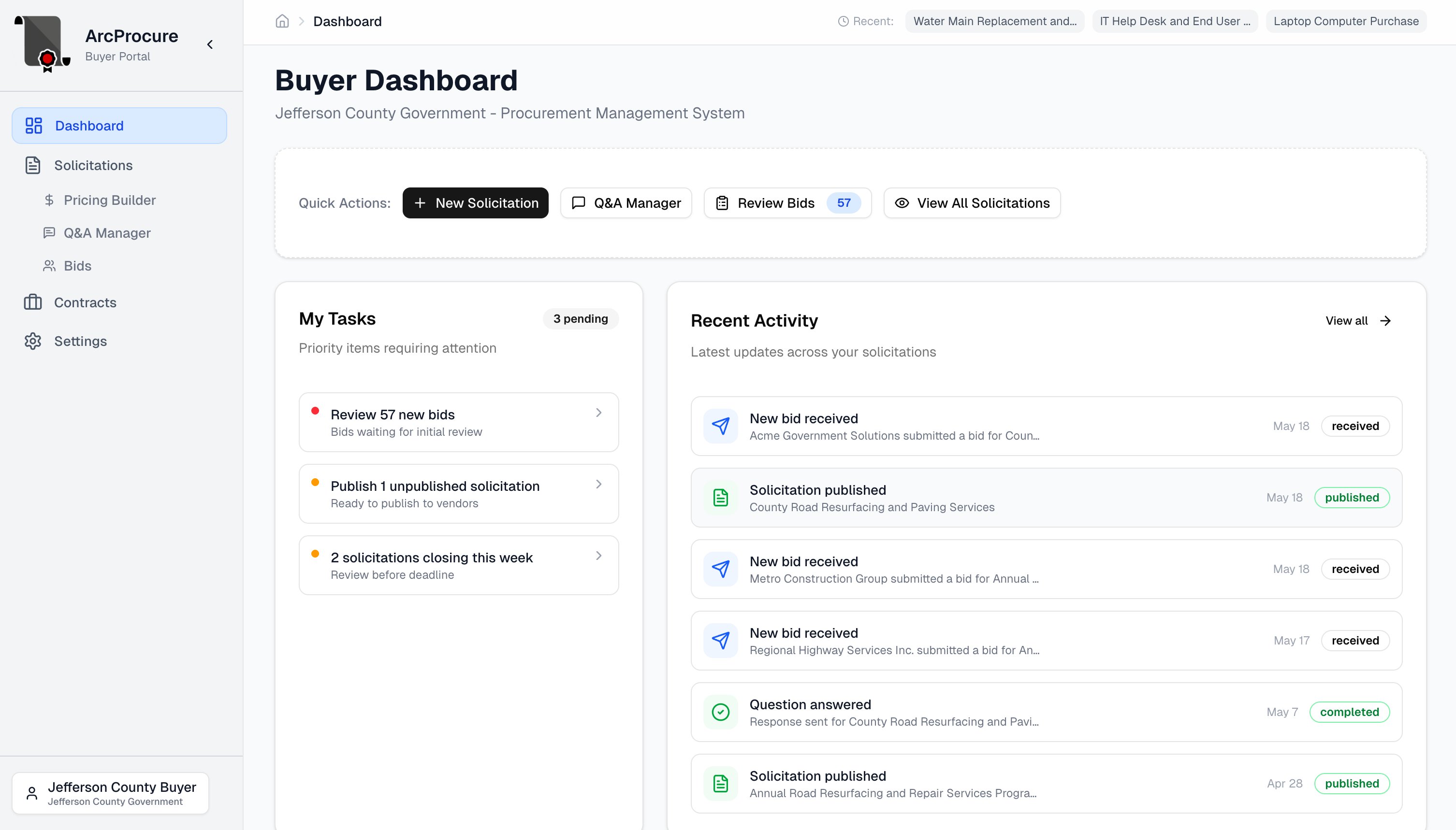 ArcProcure buyer dashboard