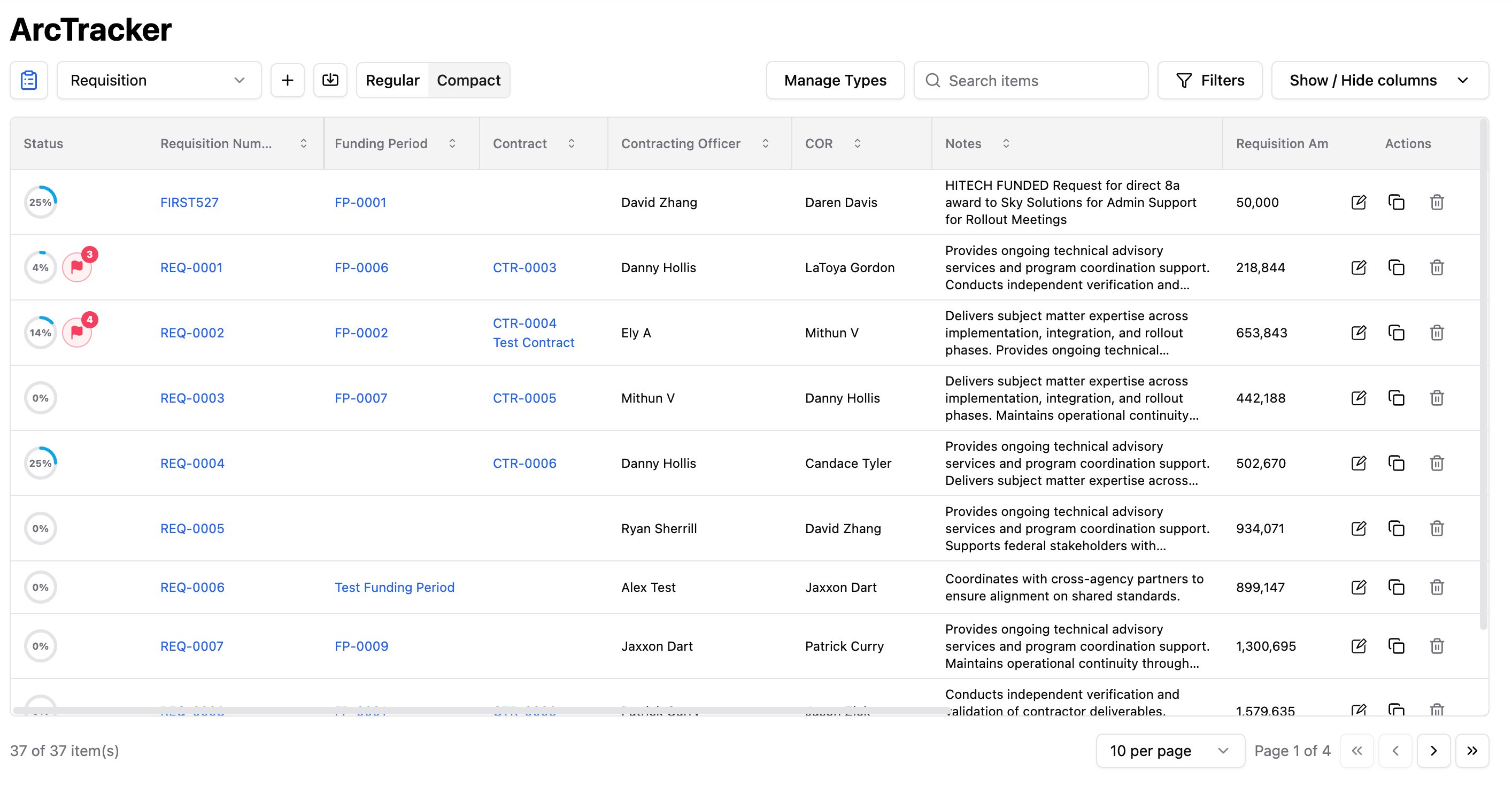 ArcTracker requisition tracking table